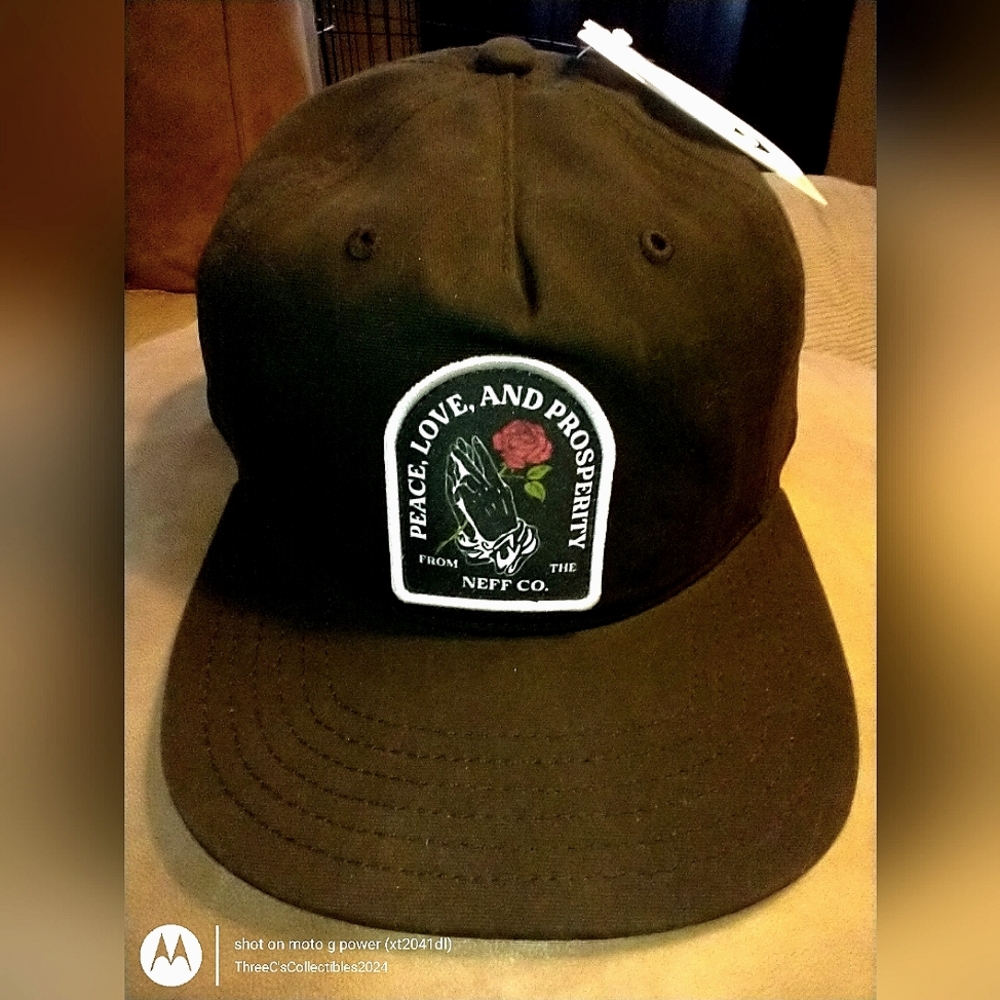NEFF Black 5 panel "Peace, Prosperity..& Rose" graphic adjustable cap w snapback